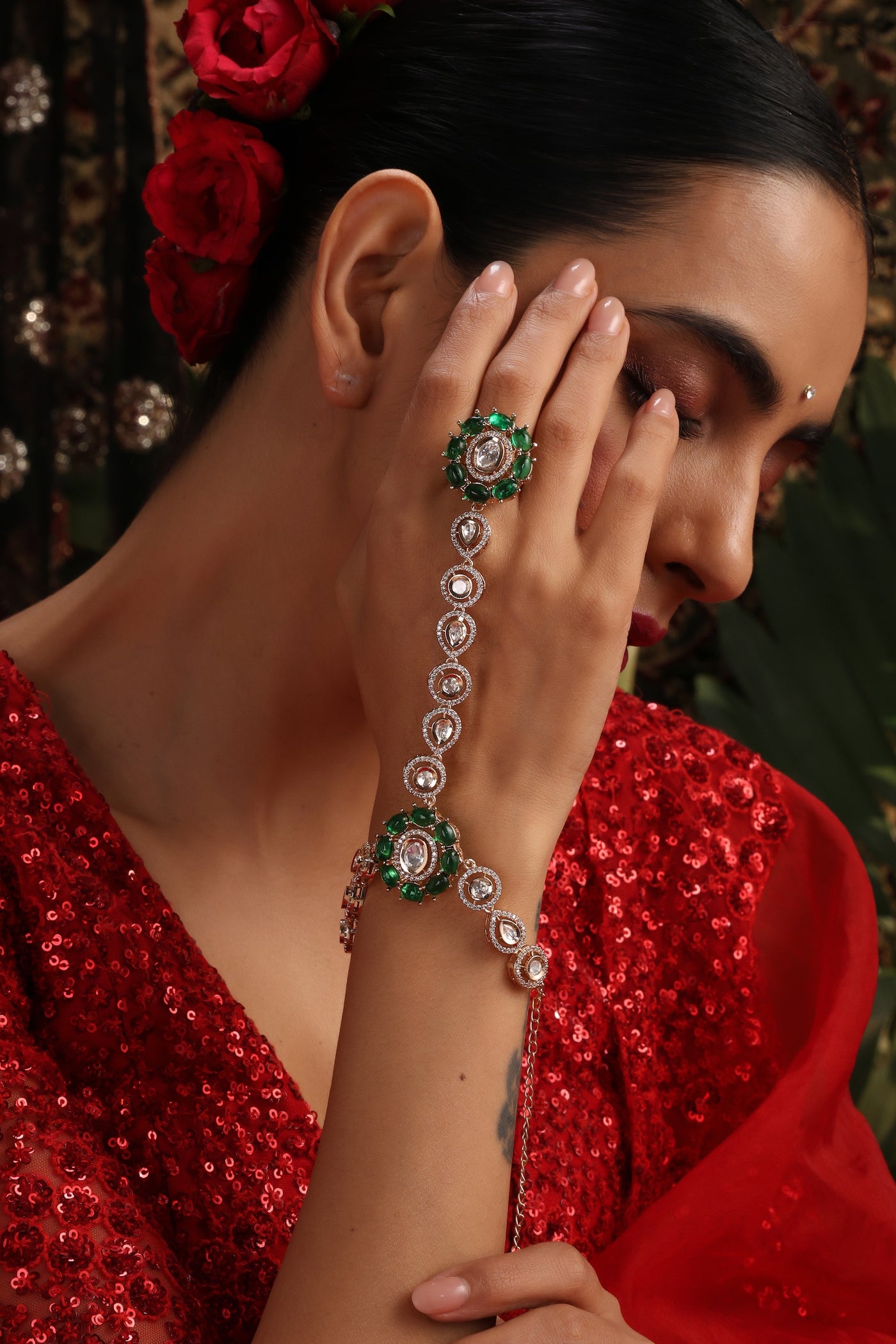 Pritha Green Polki Hath Phool