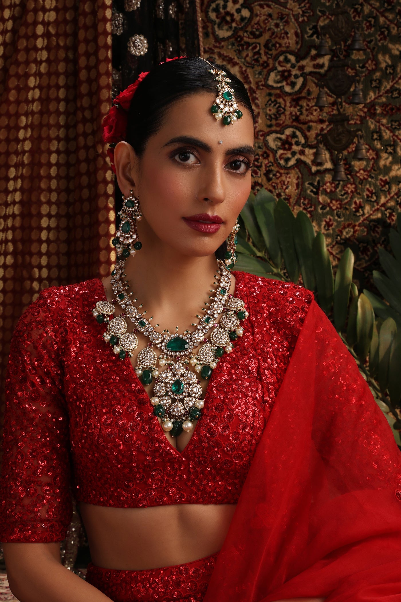 Aalia Green Polki Long Necklace Set with Maang Tikka