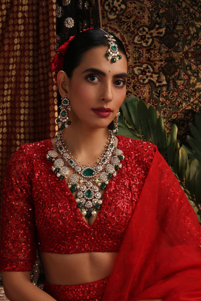 Aalia Green Polki Long Necklace Set with Maang Tikka