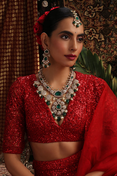 Aalia Green Polki Long Necklace Set with Maang Tikka
