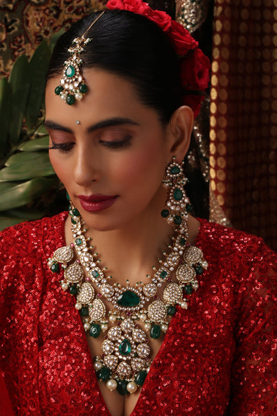 Aalia Green Polki Long Necklace Set with Maang Tikka