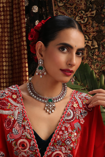 Mehza Emerald and Ruby Polki Necklace Set