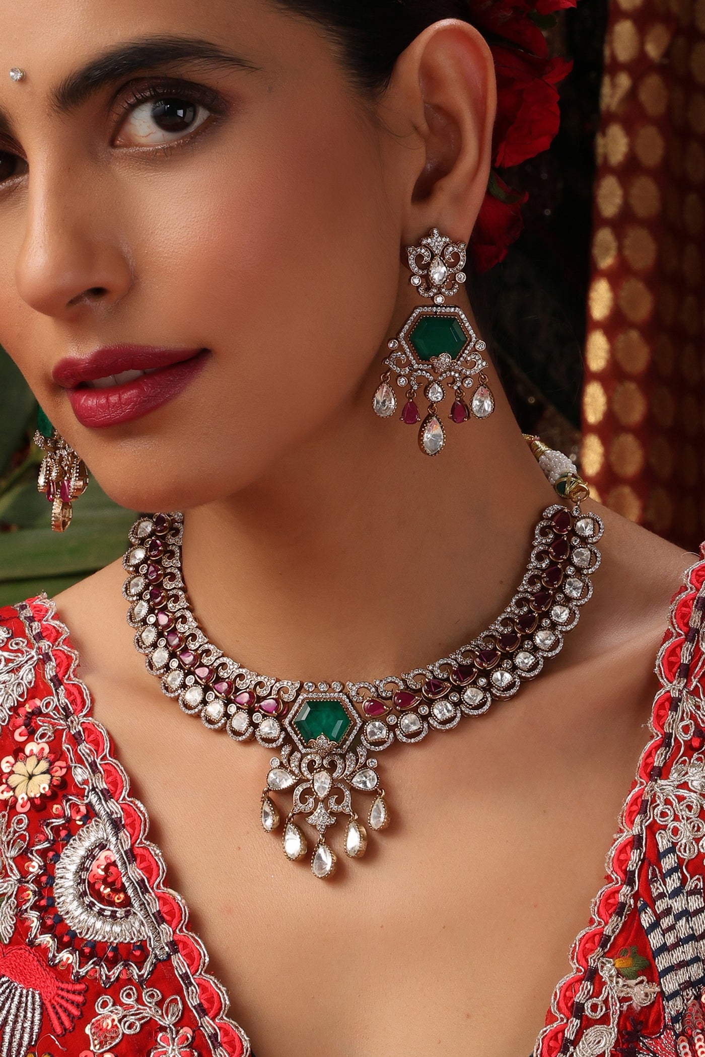 Mehza Emerald and Ruby Polki Necklace Set