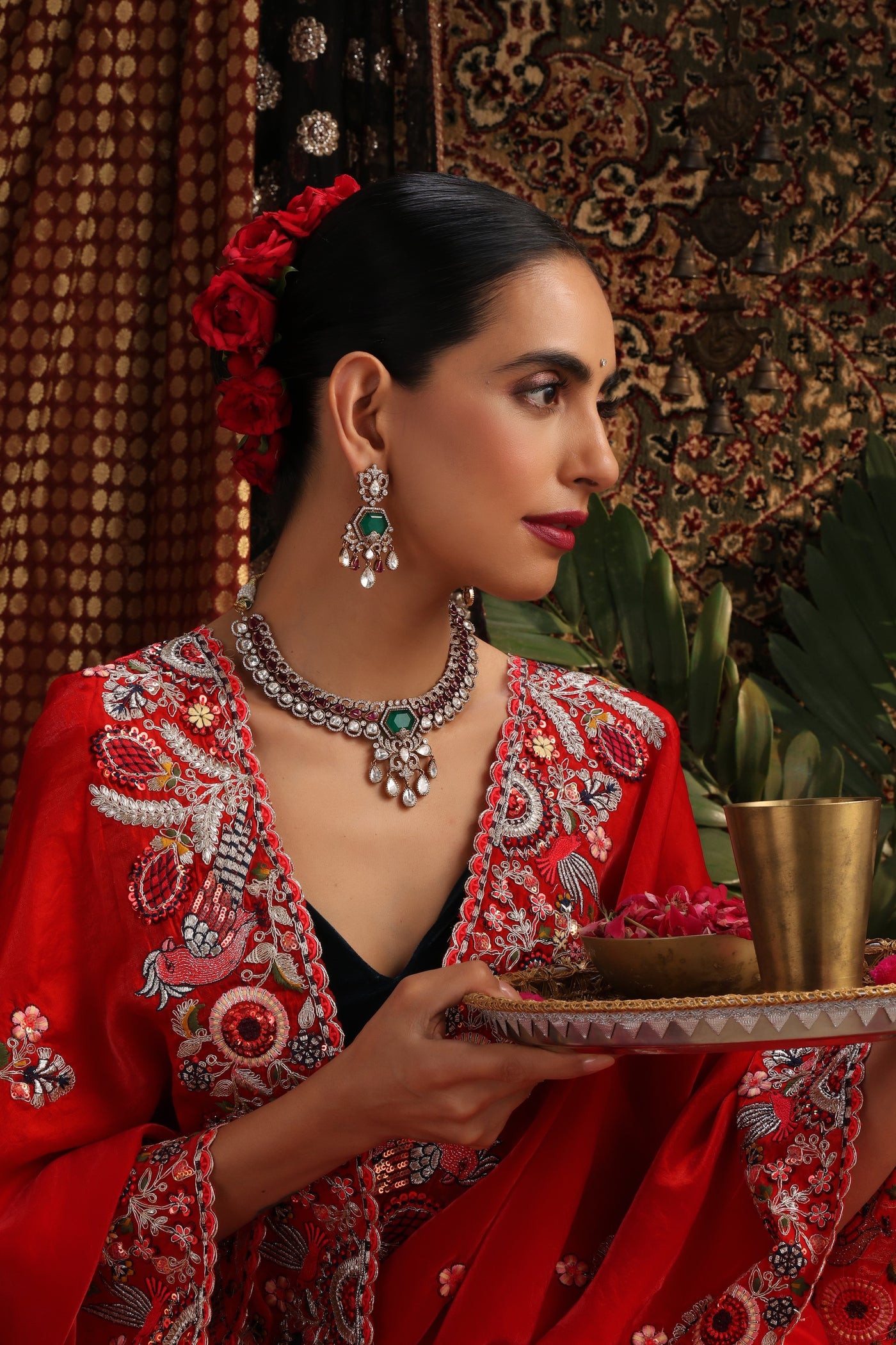 Mehza Emerald and Ruby Polki Necklace Set