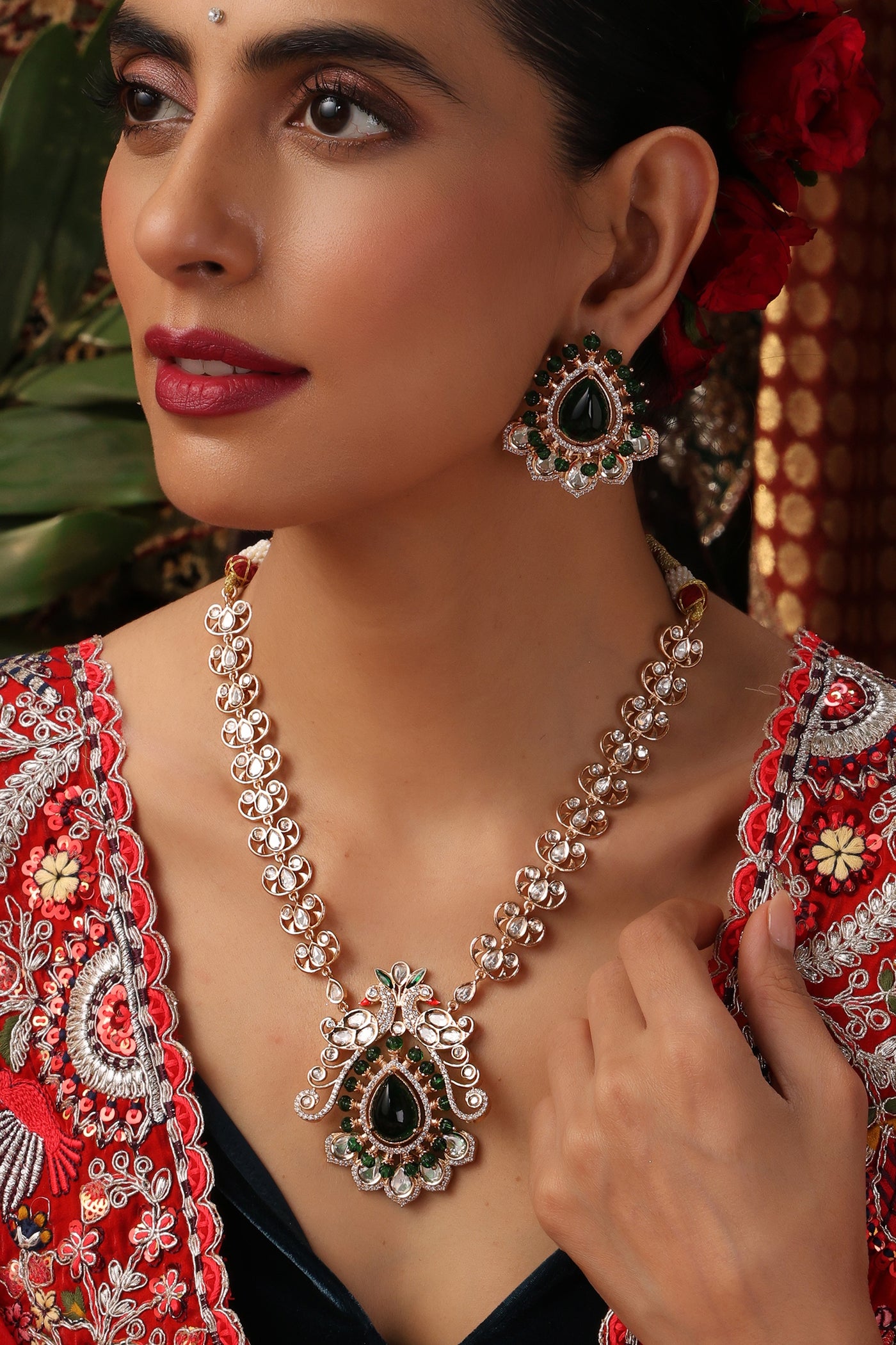 Varna Green Polki Long Necklace Set