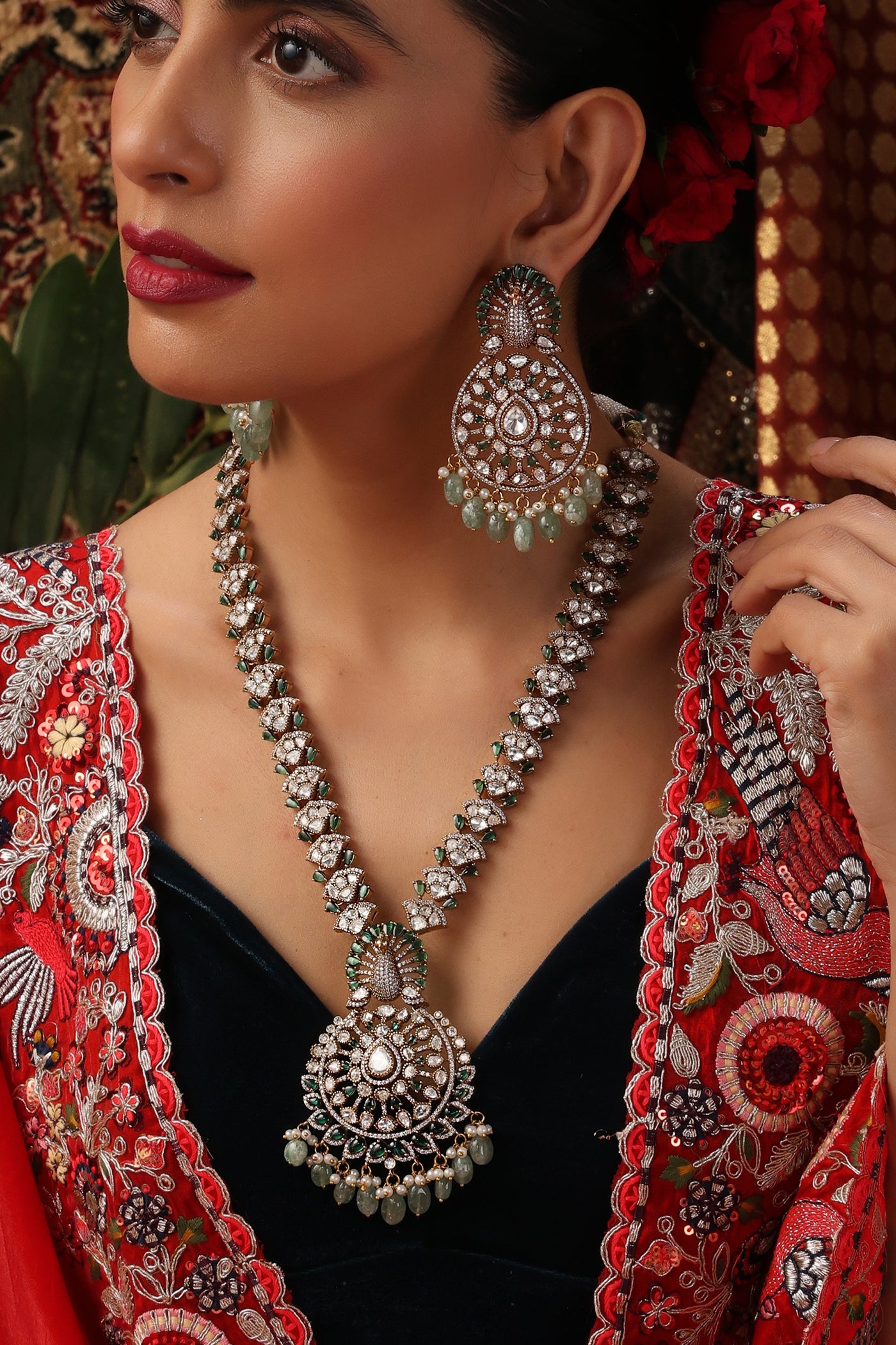Naiya Emerald Polki Long Necklace Set
