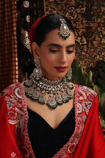 Haseen Green Polki Necklace Set with Maang Tikka