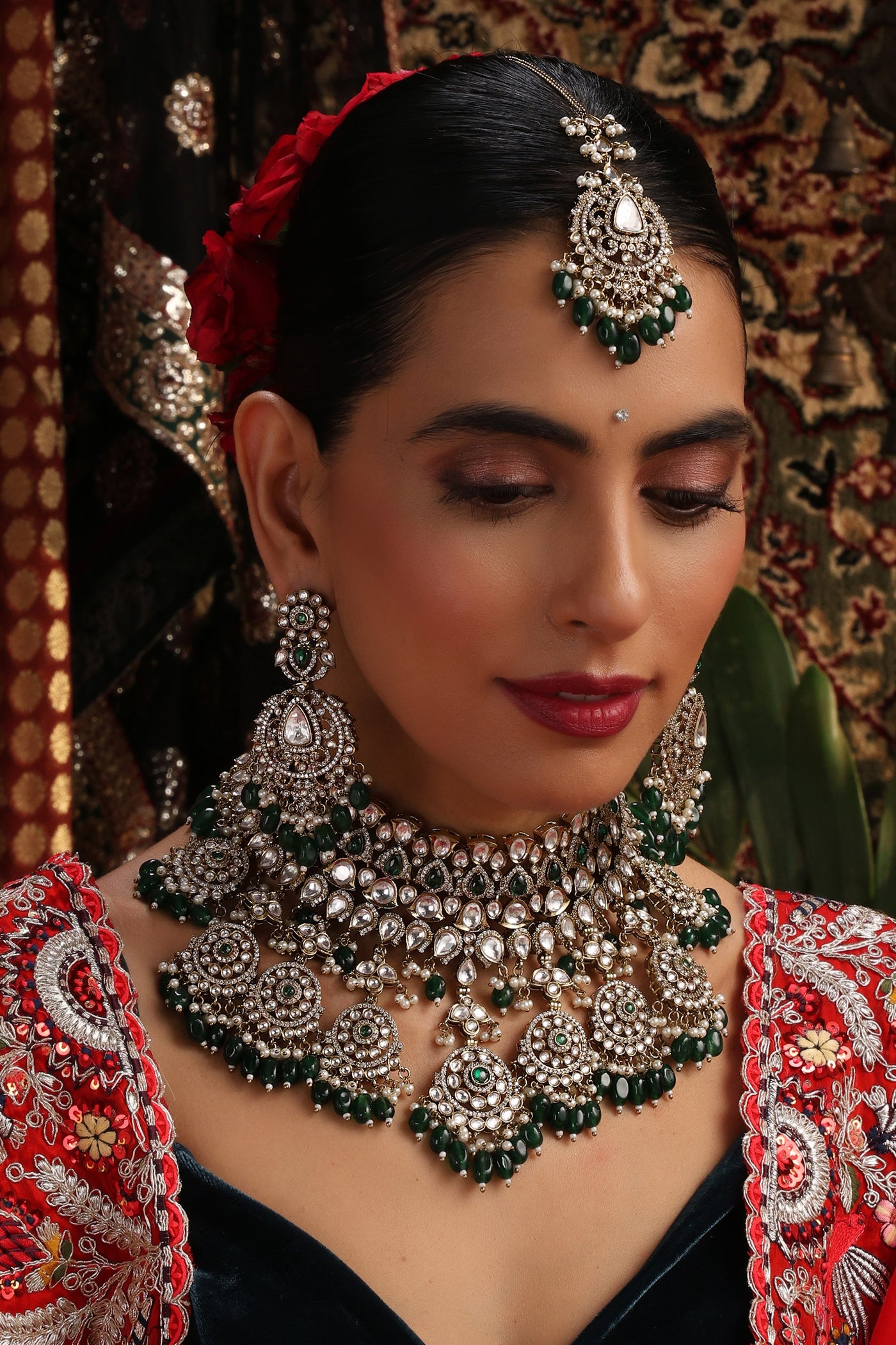 Haseen Green Polki Necklace Set with Maang Tikka