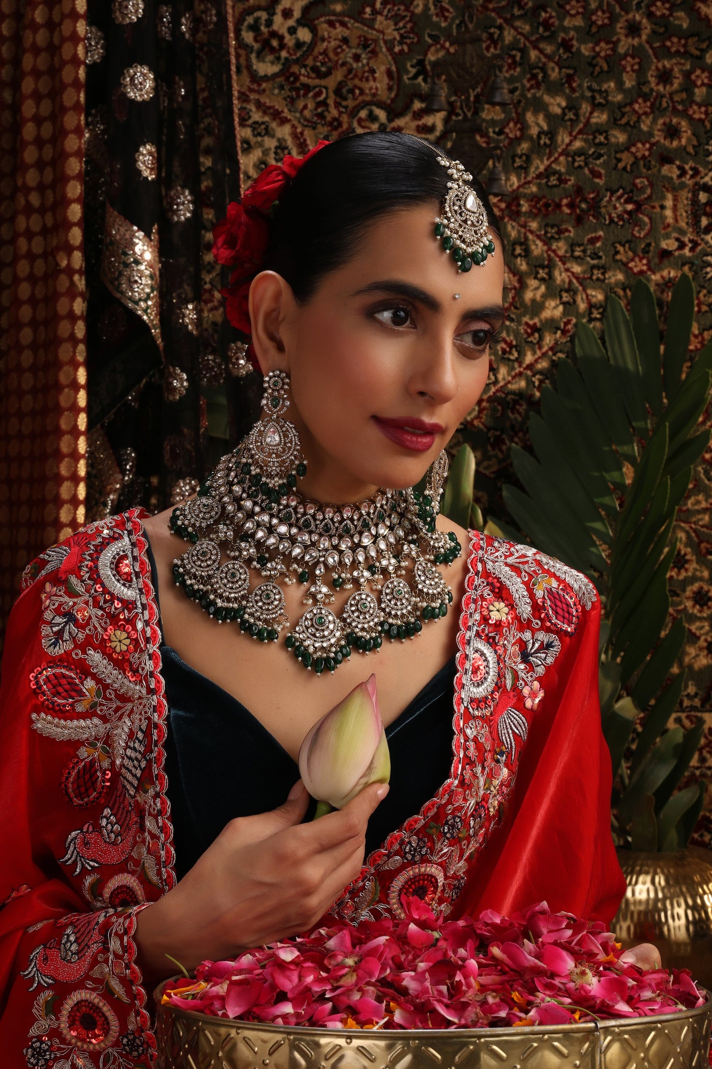 Haseen Green Polki Necklace Set with Maang Tikka
