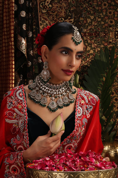 Haseen Green Polki Necklace Set with Maang Tikka