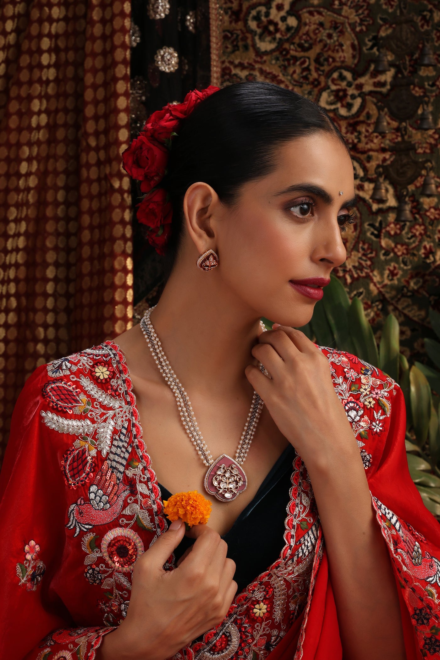 Driksha Red Polki Pendant Necklace Set