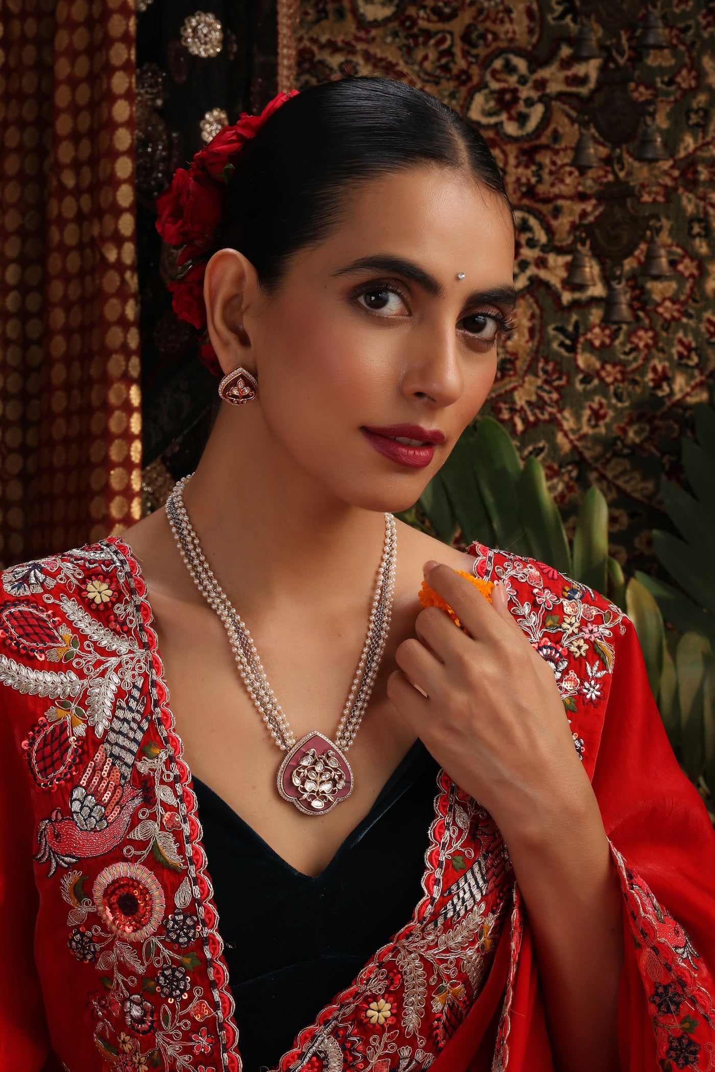 Driksha Red Polki Pendant Necklace Set