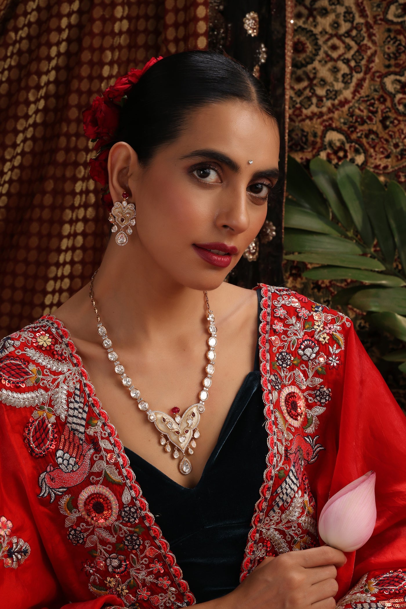 Maksh Rose Gold Polki Pendant Necklace Set