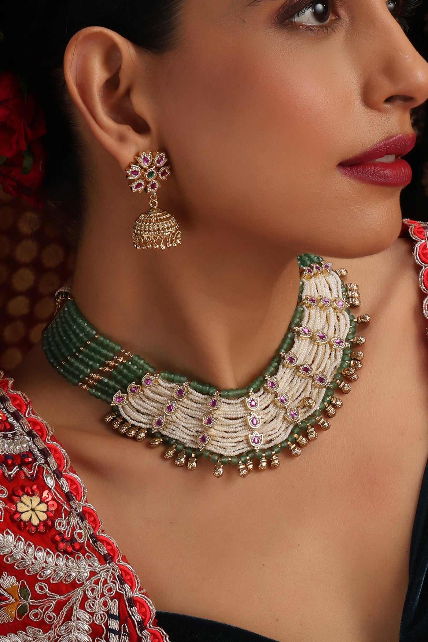 Varashi Green and Ruby Layered Necklace Set