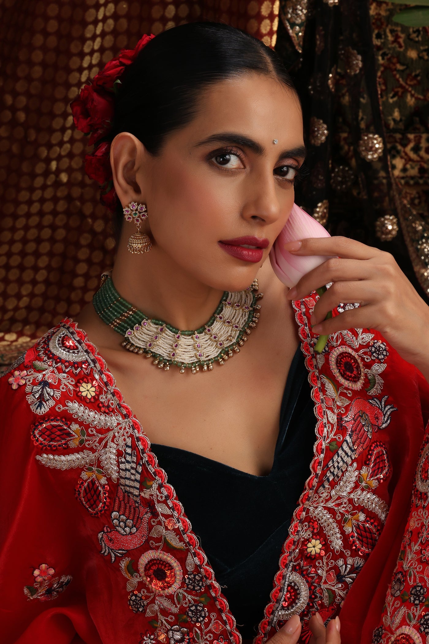 Varashi Green and Ruby Layered Necklace Set