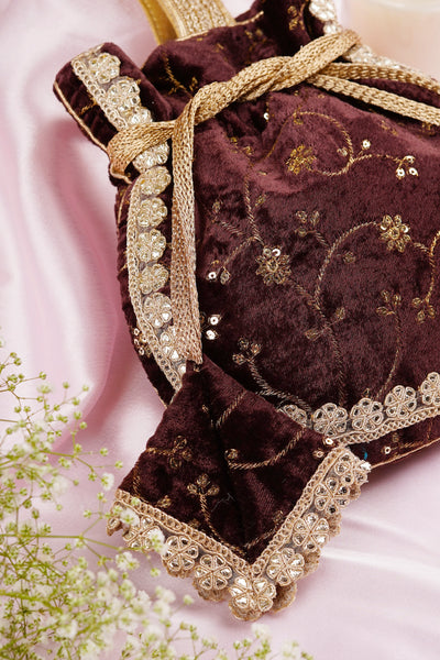 Sayal Brown Velvet with Embroidery Potli Bag