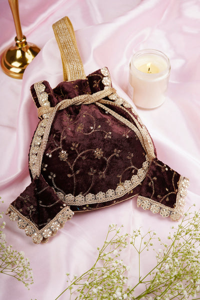 Sayal Brown Velvet with Embroidery Potli Bag