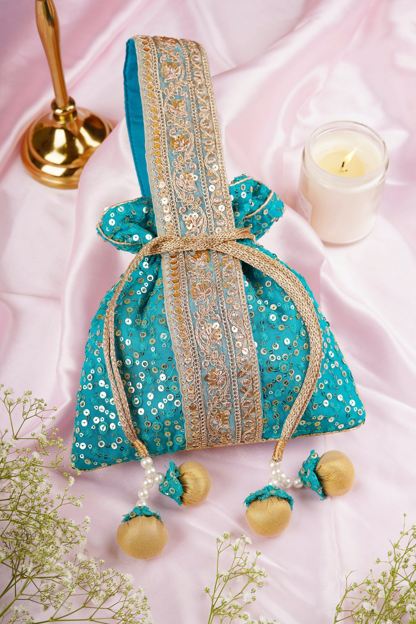 Tasha Teal Organza with Sequin Potli Bag