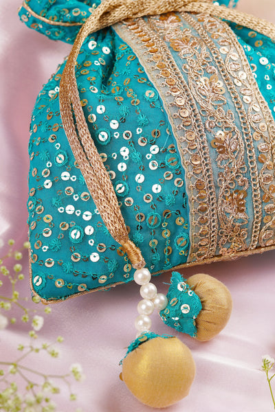 Tasha Teal Organza with Sequin Potli Bag