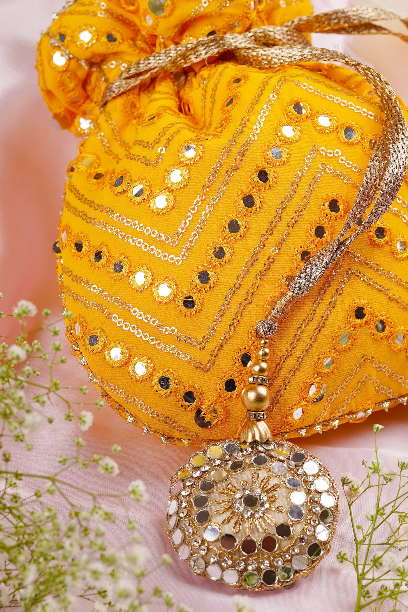 Mishti Yellow Georgette with Mirror Work Potli Bag