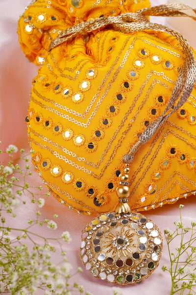 Mishti Yellow Georgette with Mirror Work Potli Bag