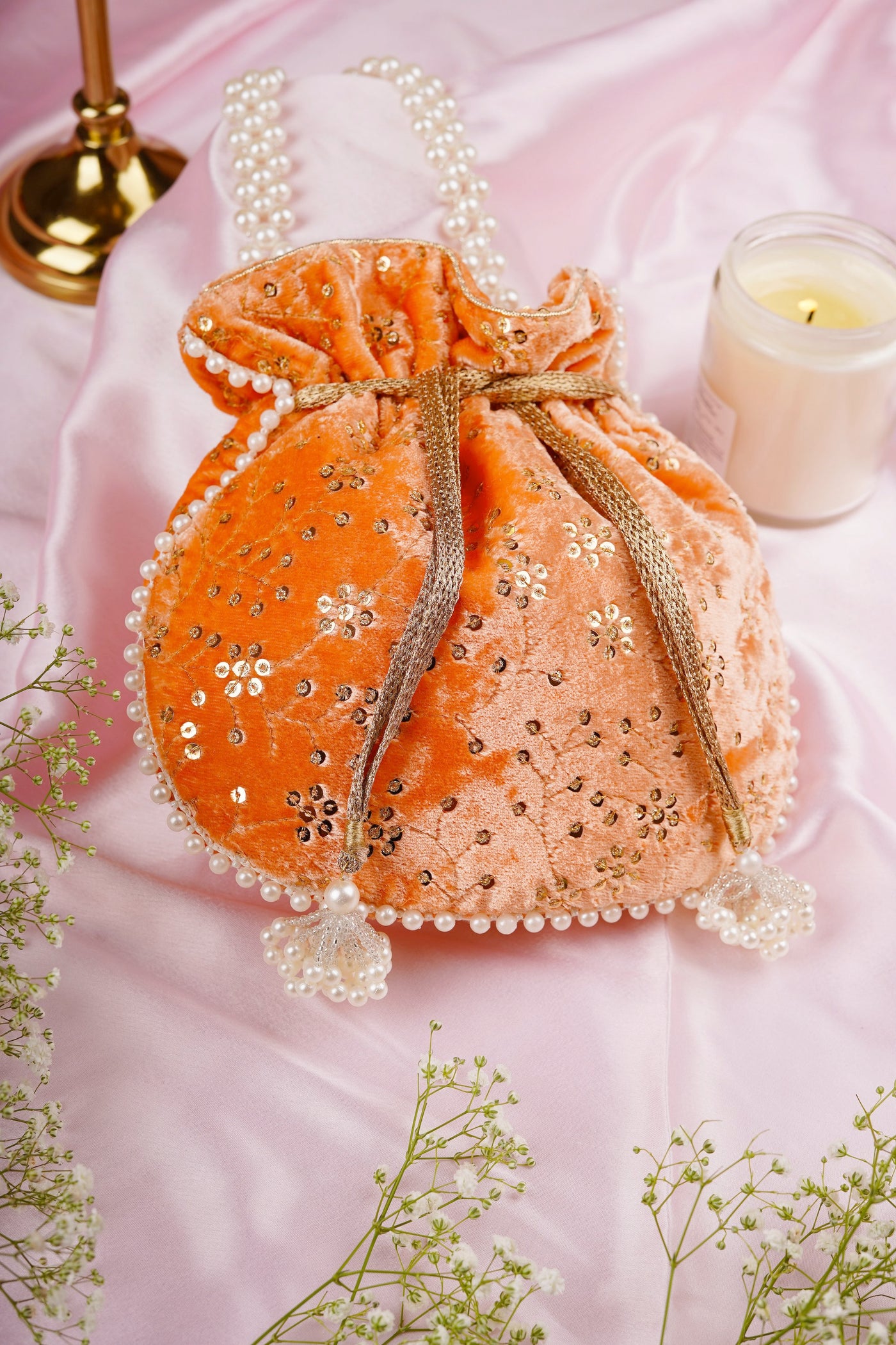 Sayal Peach Velvet with Embroidery Potli Bag