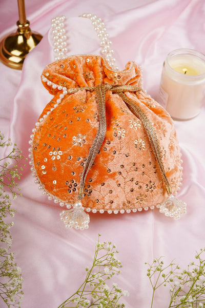 Sayal Peach Velvet with Embroidery Potli Bag