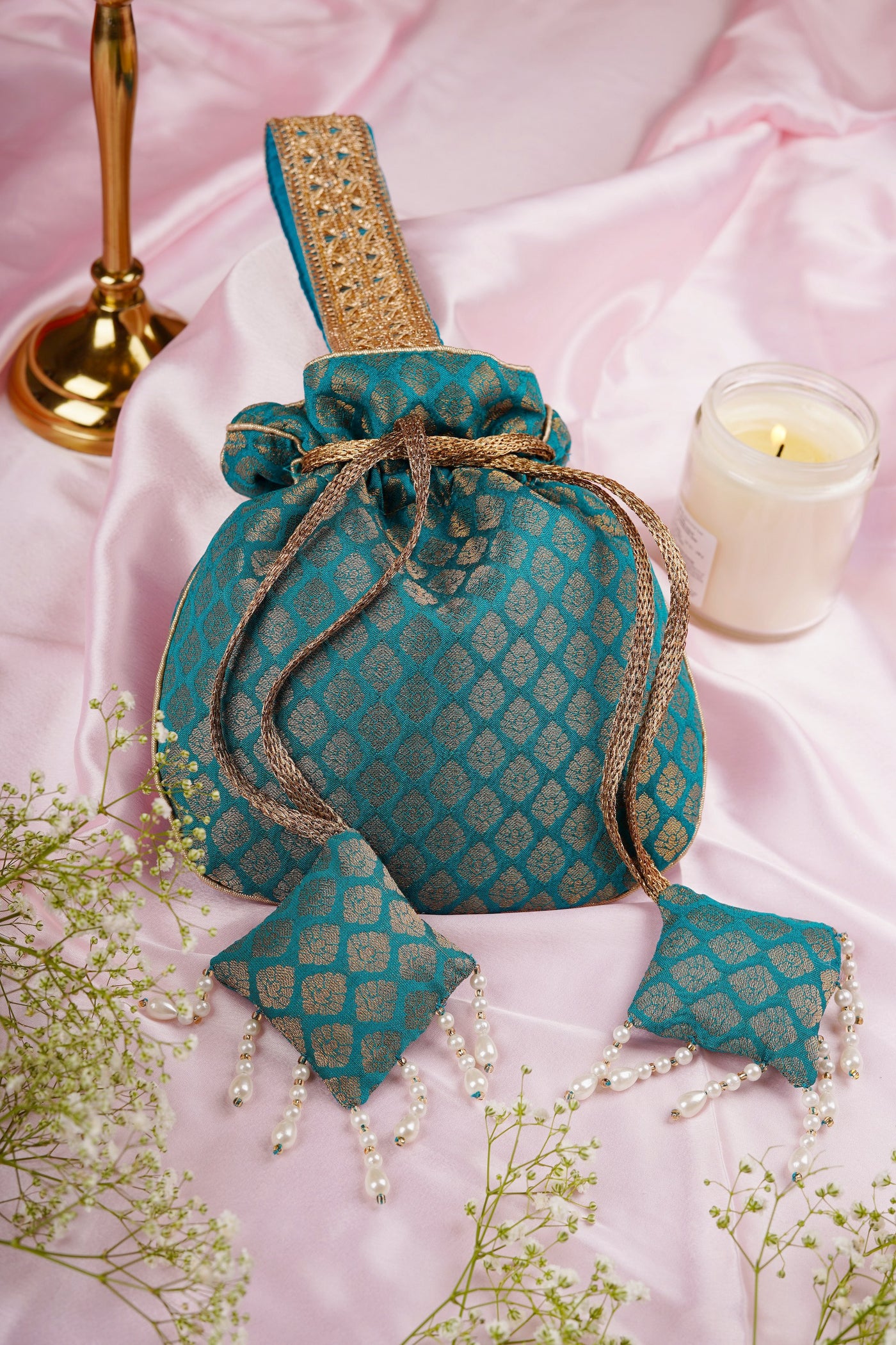 Ismat Teal Chanderi Potli Bag