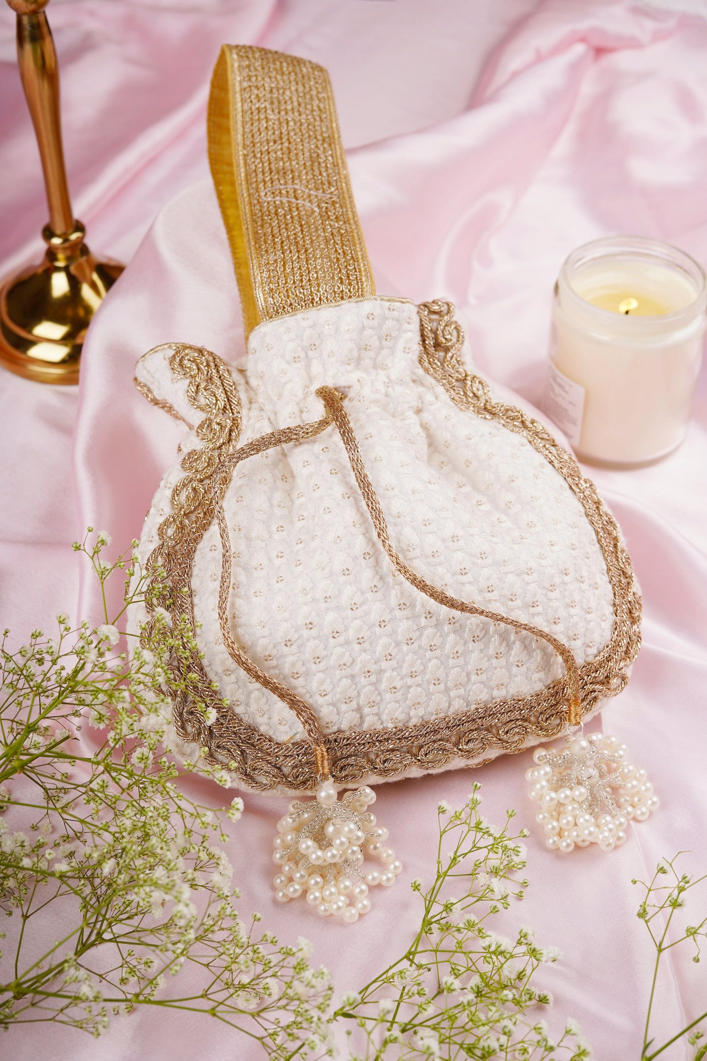 Arisha White with Gold Sequin Potli Bag