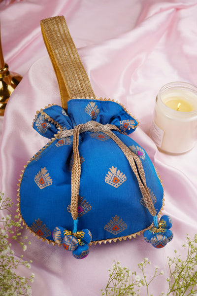 Misha Blue and Gold Brocade Potli Bag