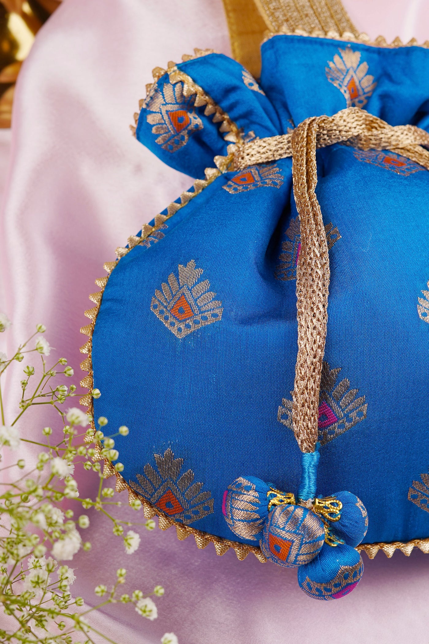 Misha Blue and Gold Brocade Potli Bag