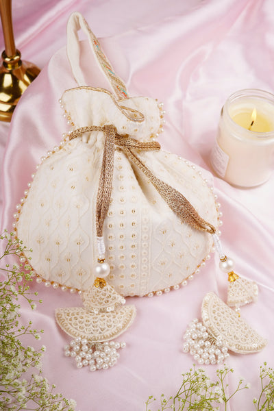 Tia White Georgette with Gold Sequin Potli Bag