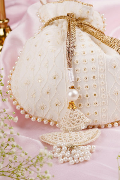 Tia White Georgette with Gold Sequin Potli Bag