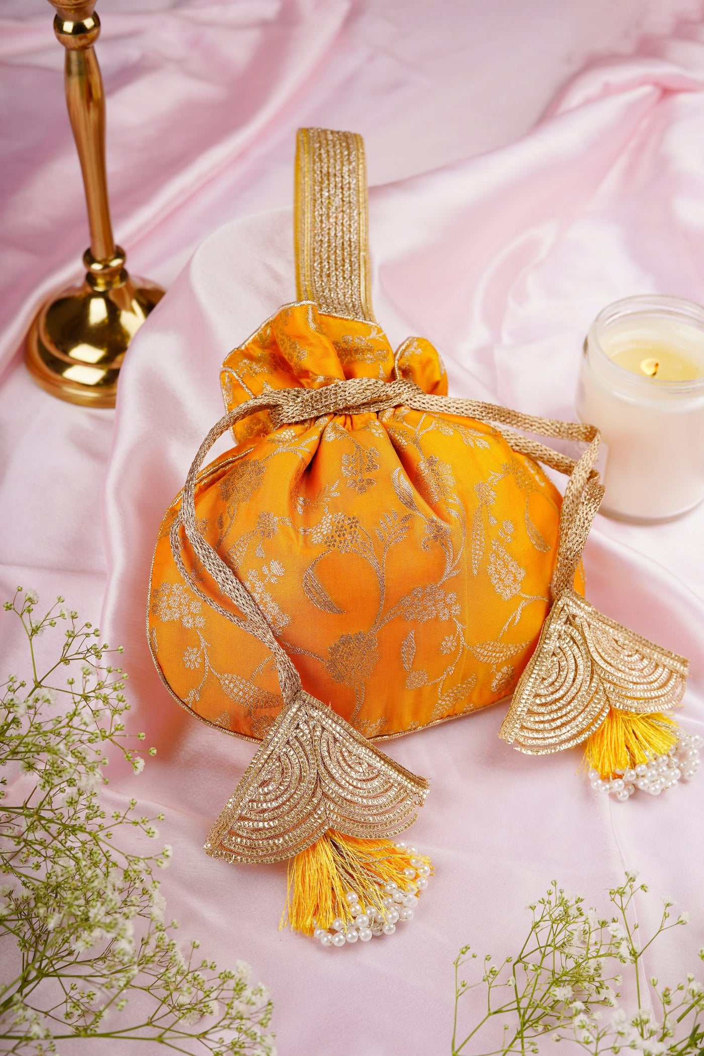 Kajal Yellow Pure Silk Brocade Potli Bag