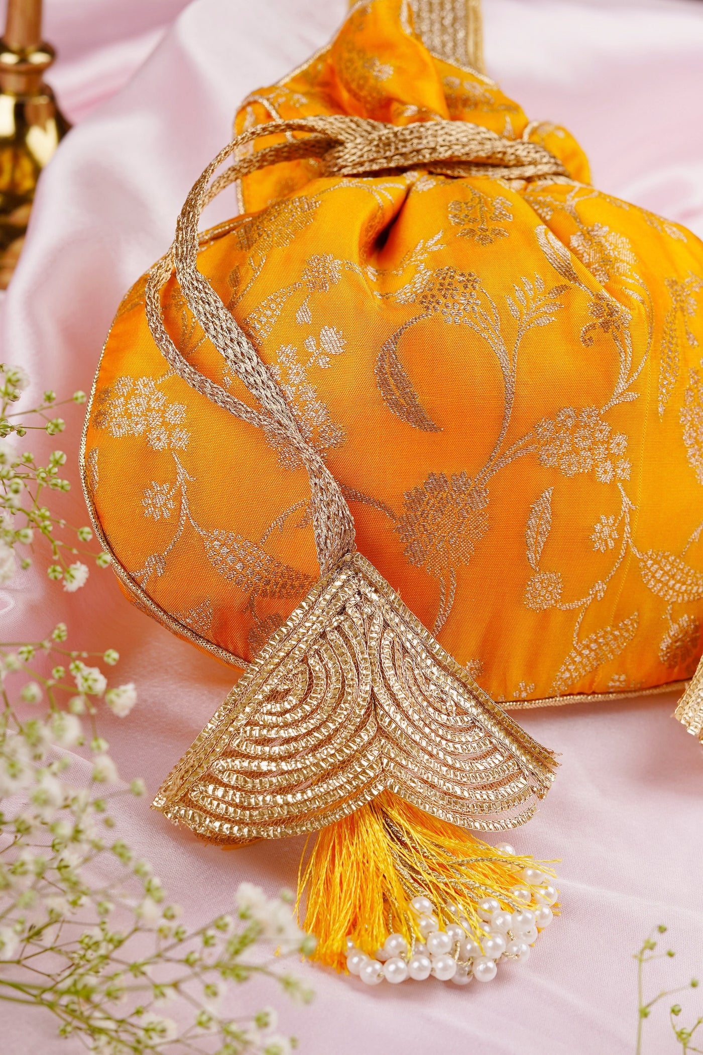 Kajal Yellow Pure Silk Brocade Potli Bag