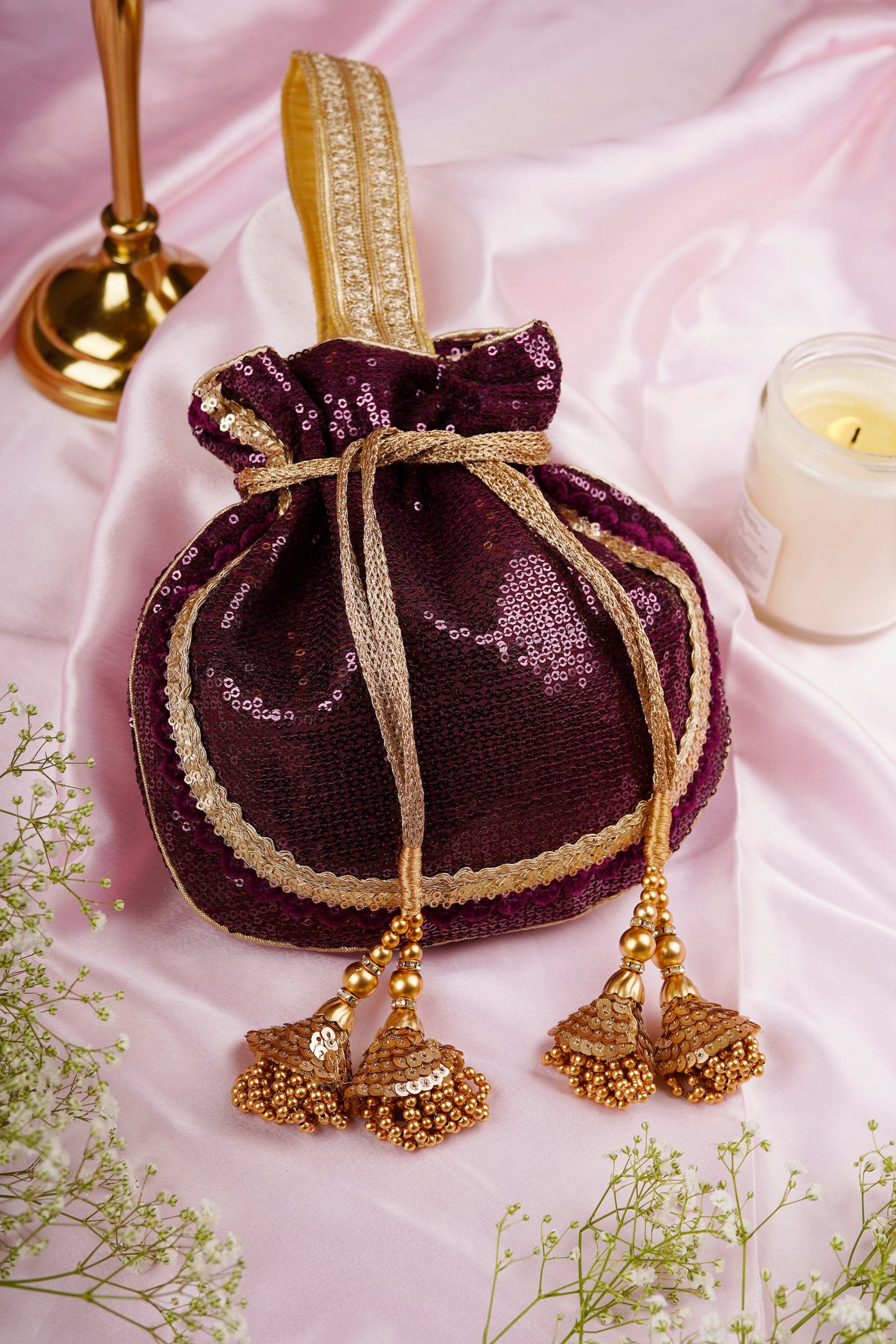 Dupe Wine and Gold Georgette Sequin Potli Bag