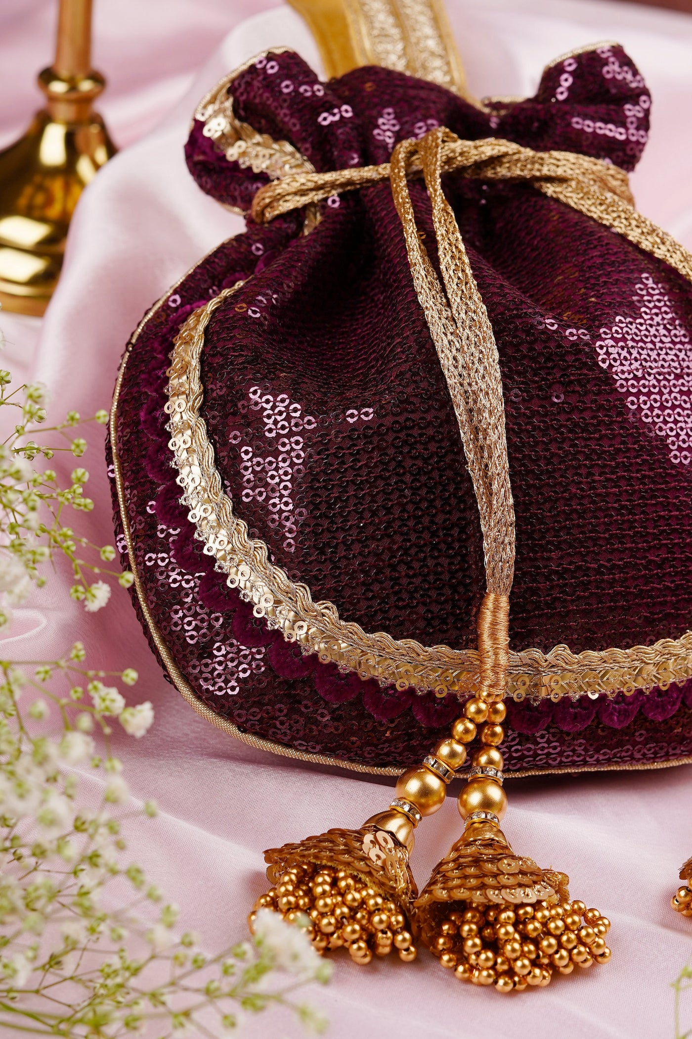 Dupe Wine and Gold Georgette Sequin Potli Bag