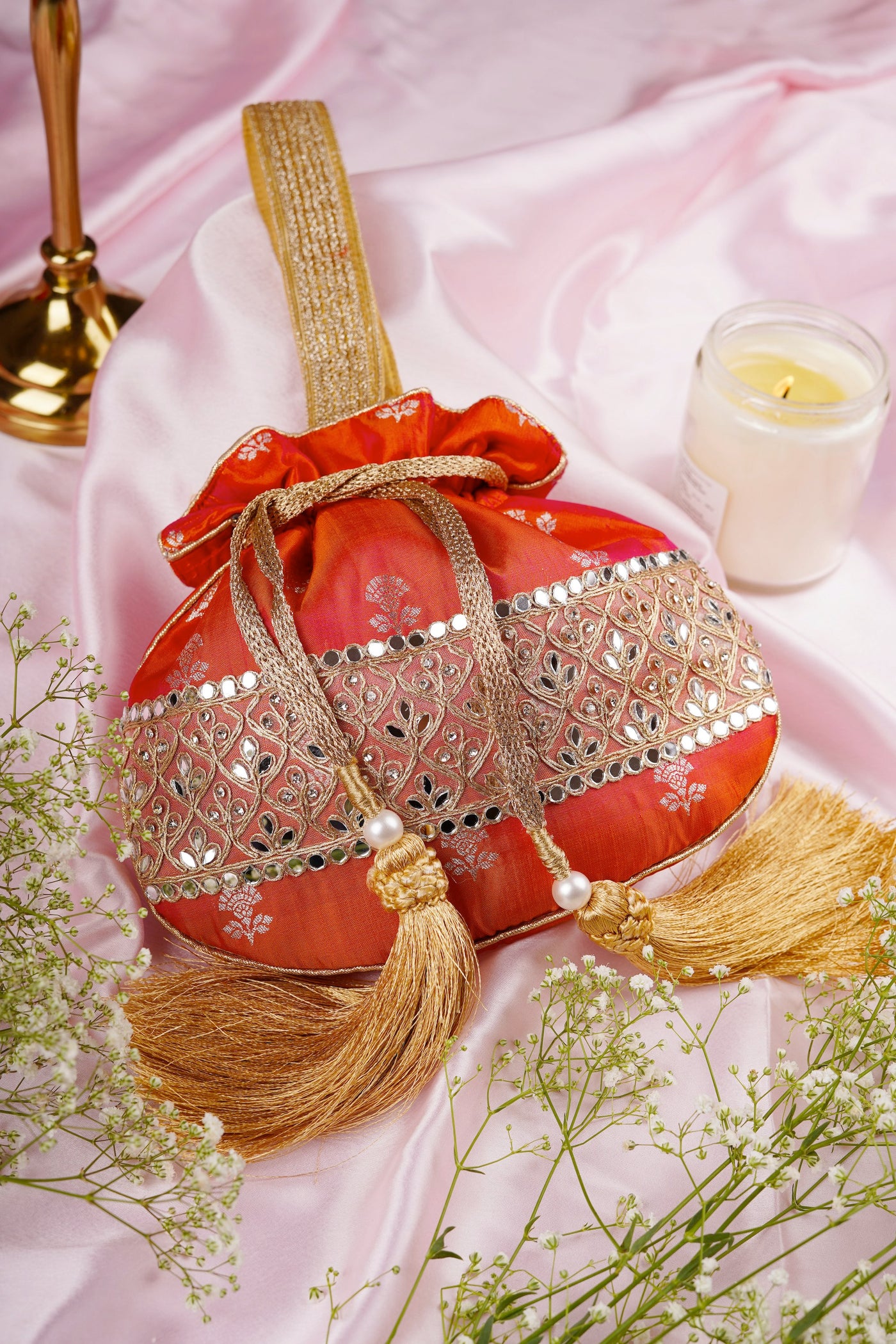 Laressa Orange Pure Silk Brocade Potli Bag