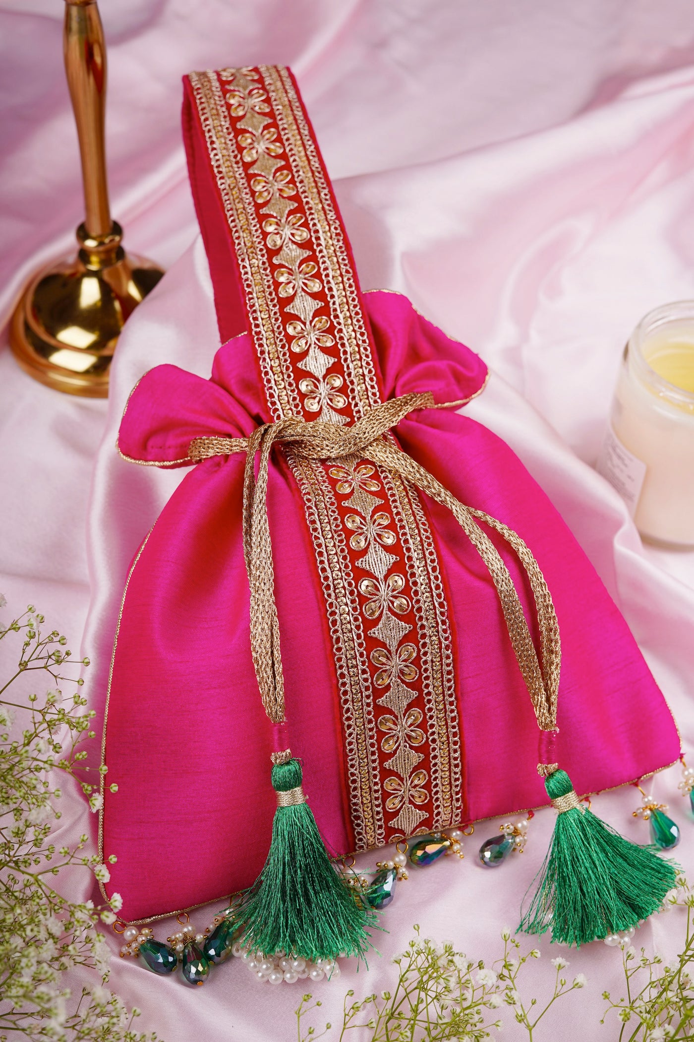 Saroshi Magenta and Green Silk Potli Bag