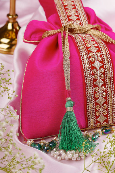 Saroshi Magenta and Green Silk Potli Bag