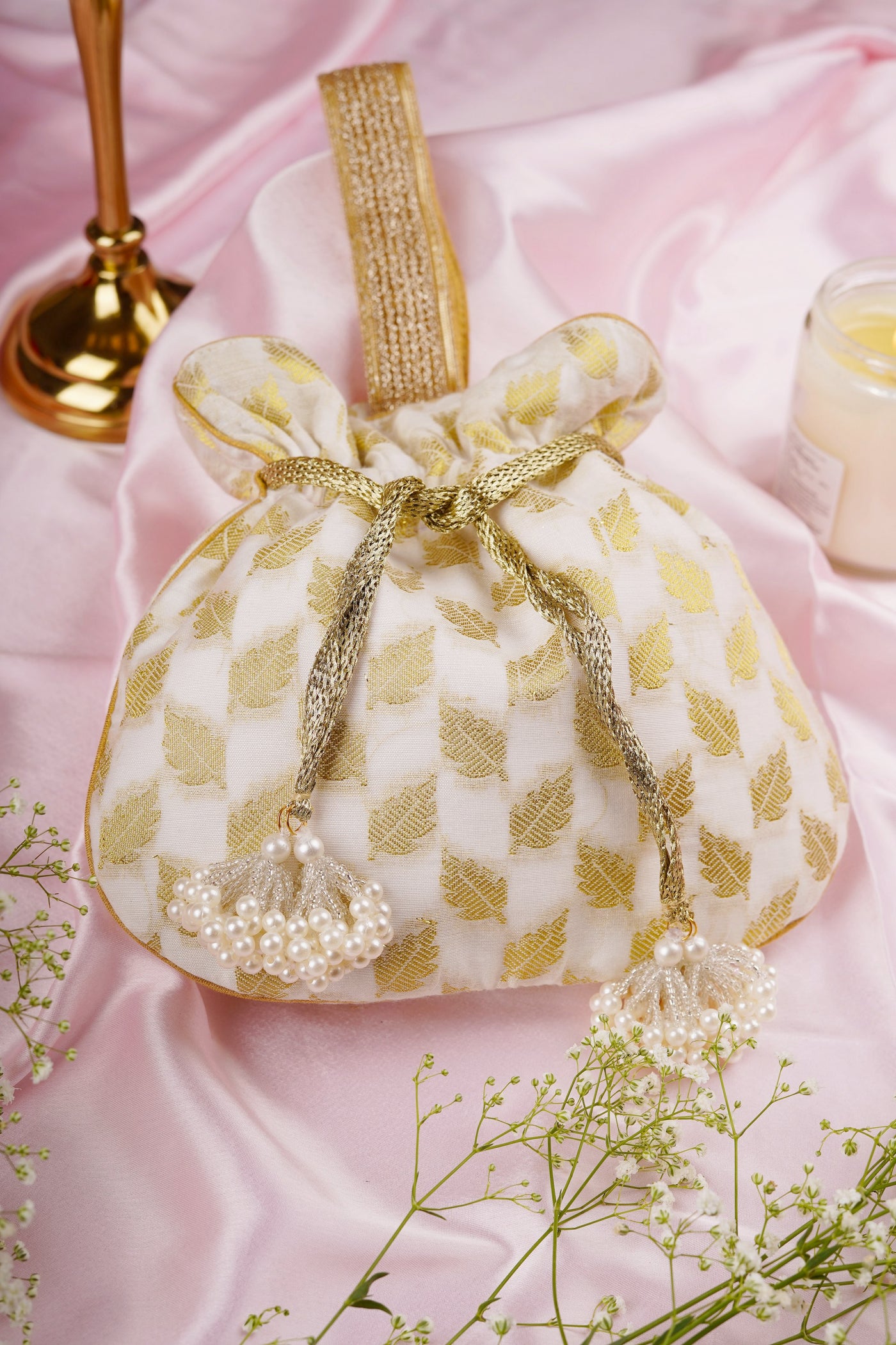 Chaya Gold and White Chanderi Potli Bag