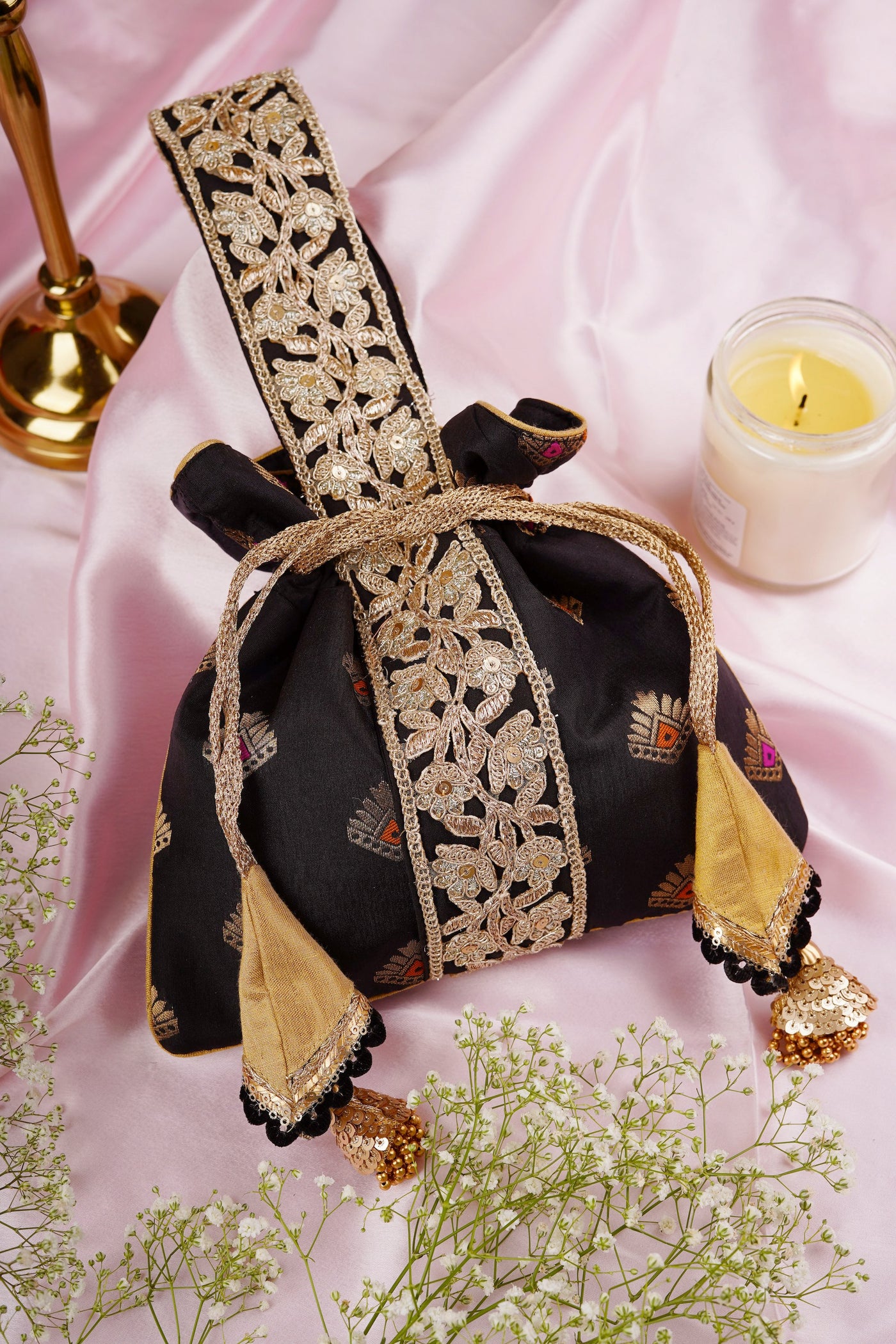 Misha Black with Gold Brocade Potli Bag