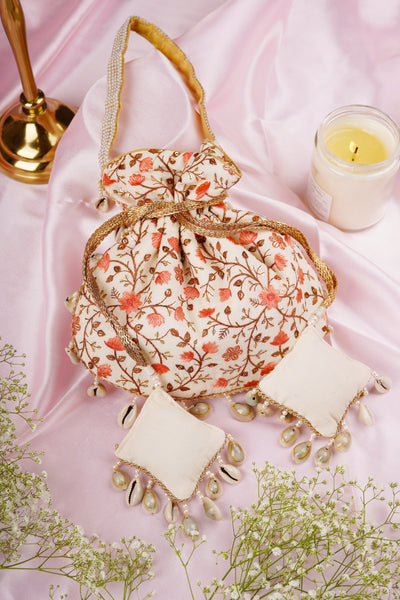 Floroi Cream and Peach Floral Potli Bag