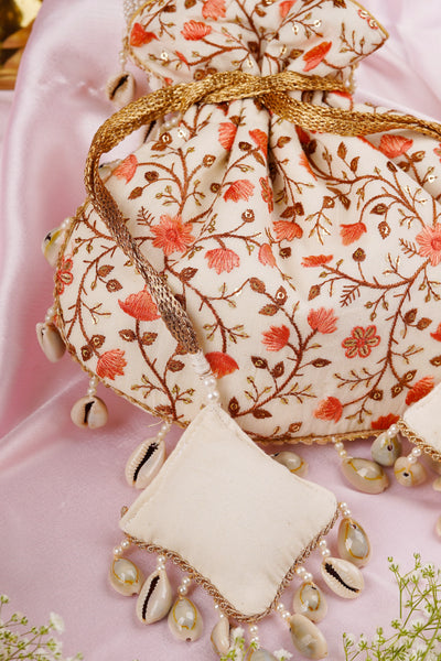 Floroi Cream and Peach Floral Potli Bag