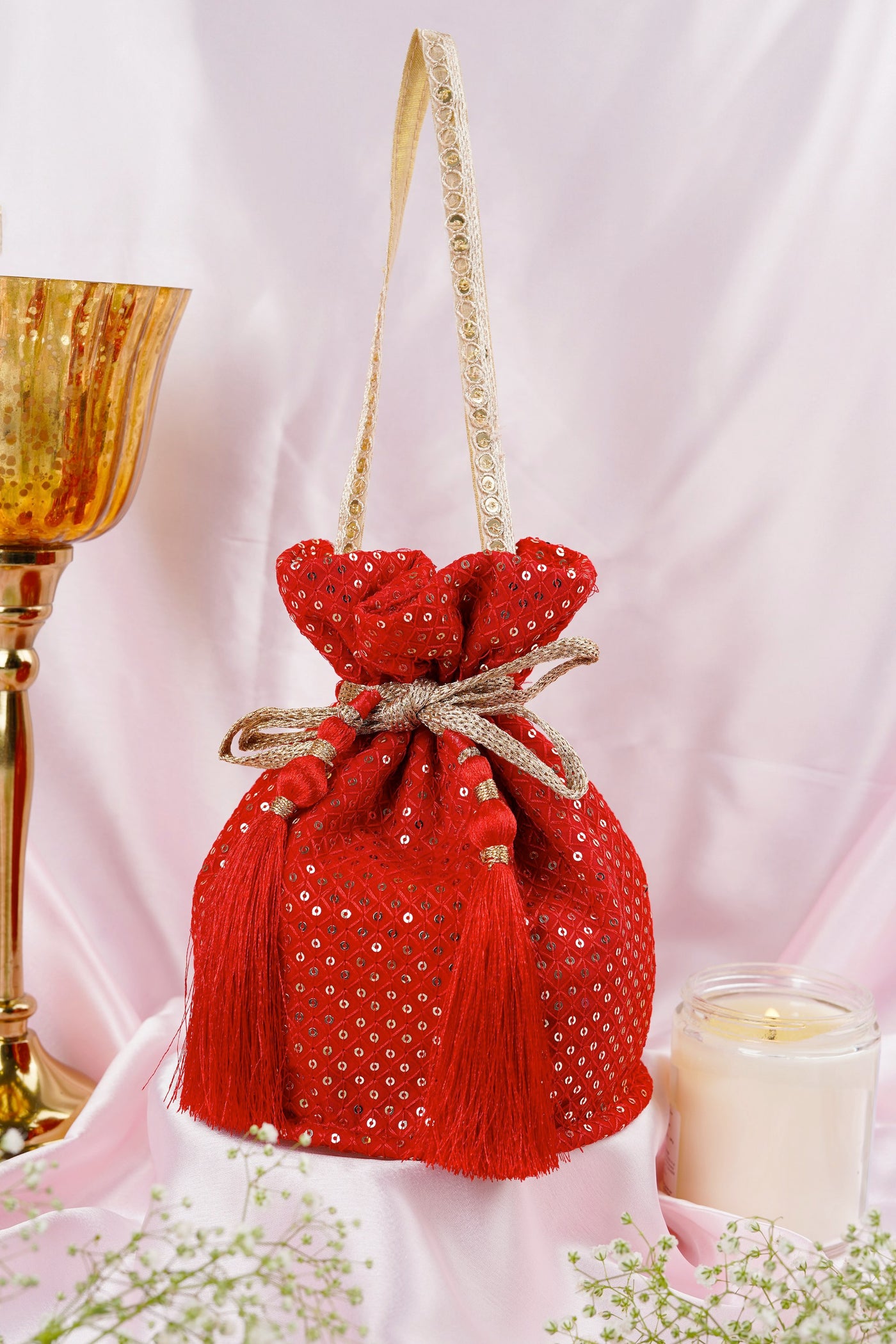 Amin Red Georgette with Sequin Potli Bag