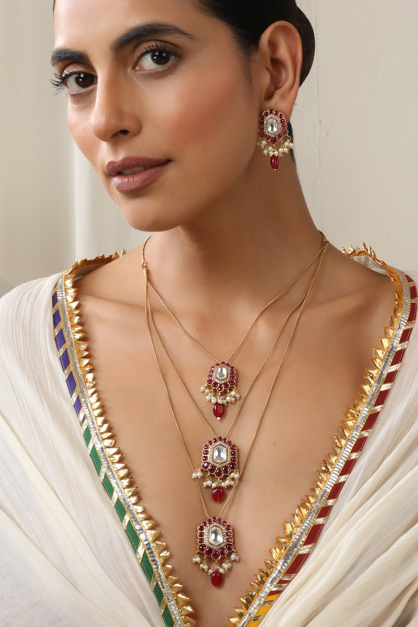 Everly Ruby Polki Layered Necklace Set