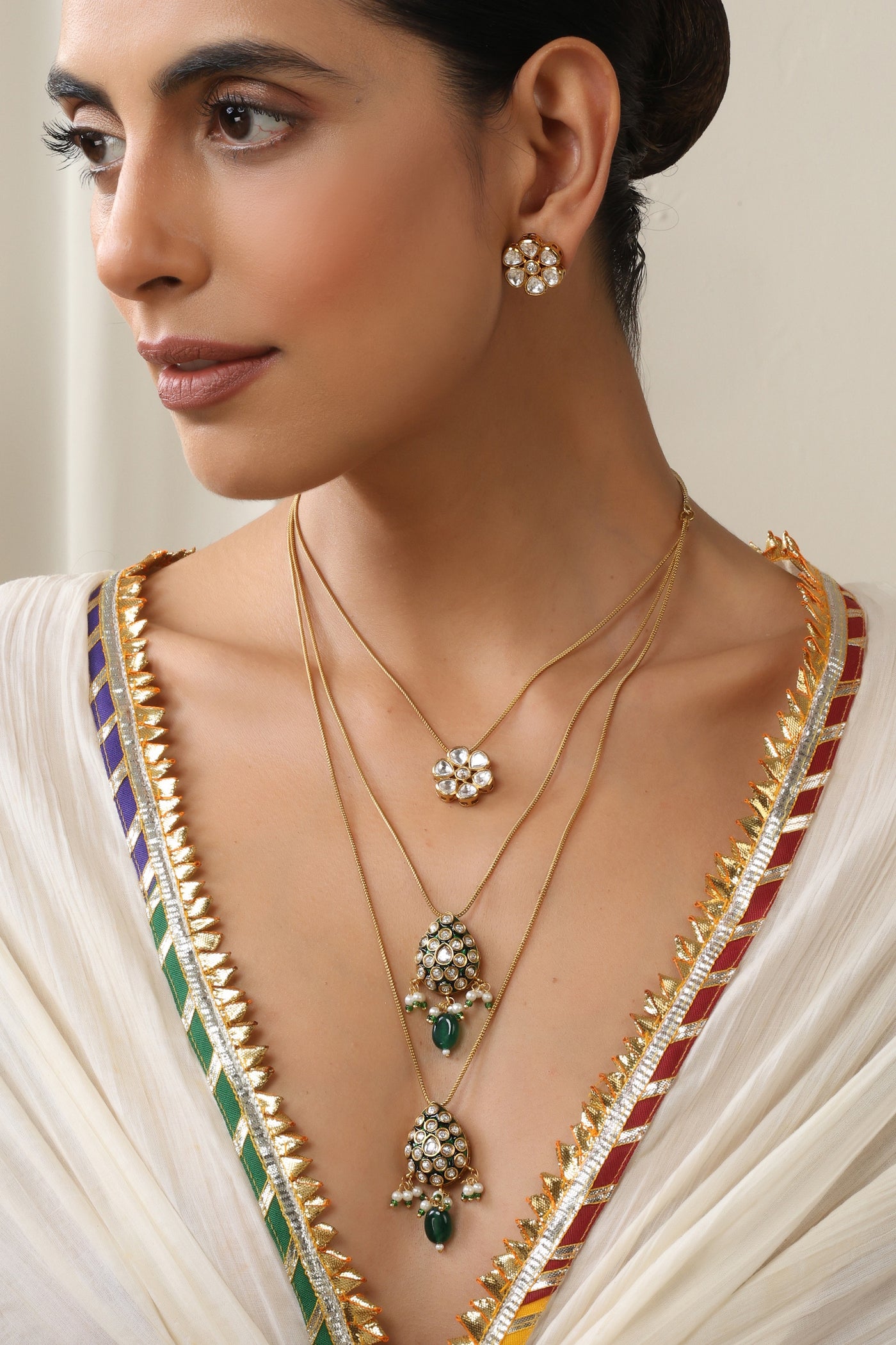 Athena Green Polki Layered Necklace Set