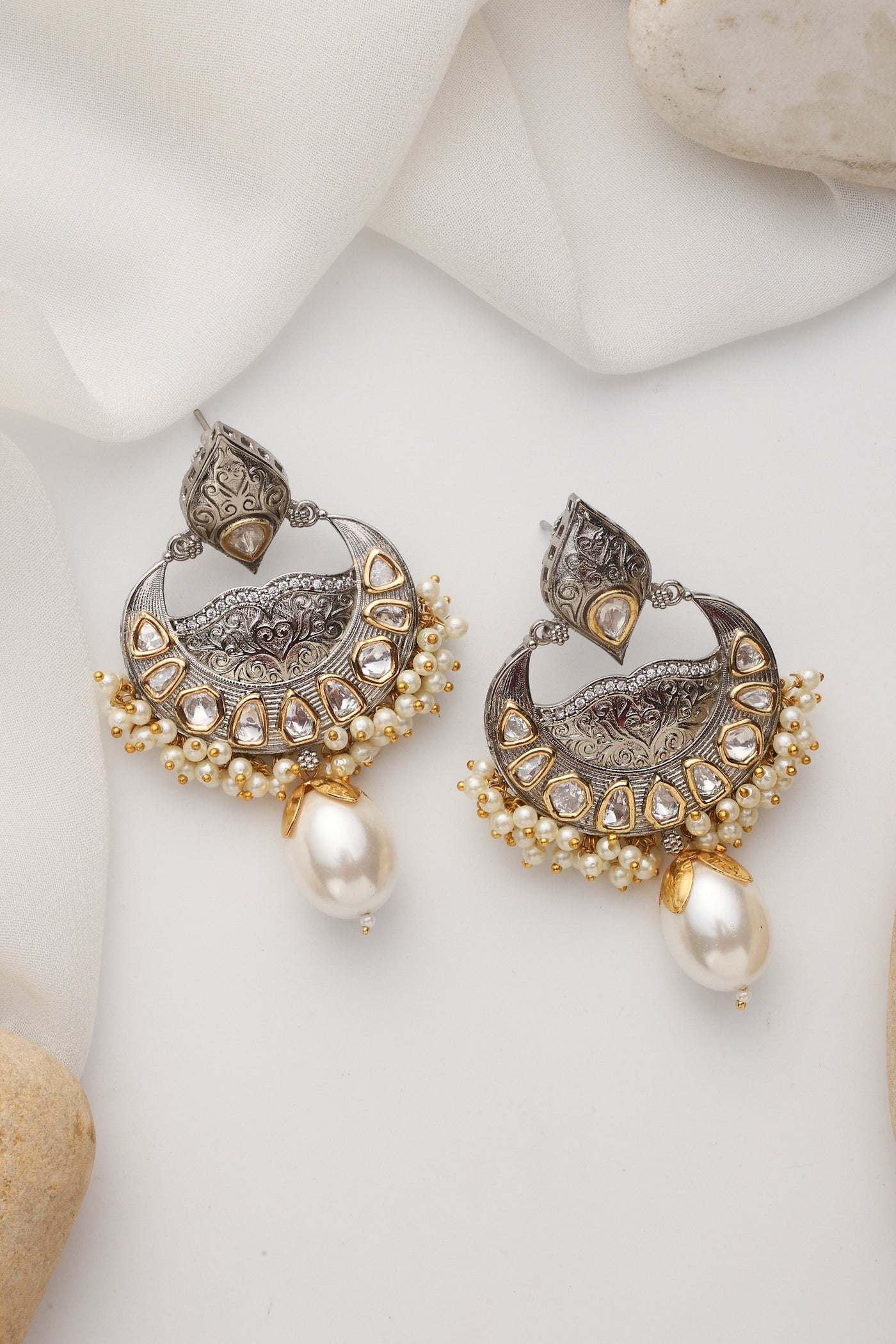 Saangni Silver Polki Chandbali Earrings