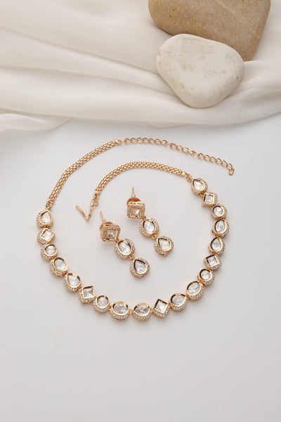 Kiran Rose Gold Polki Single Line Necklace Set