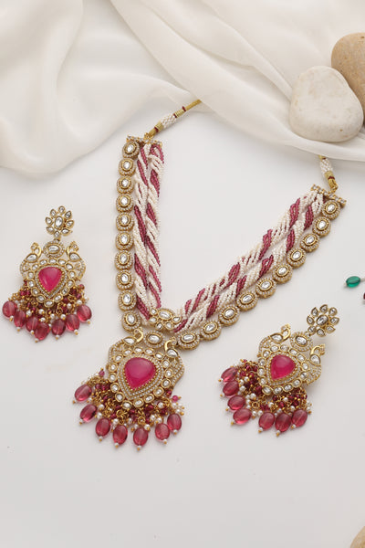 Iqra Red Polki Long Necklace Set